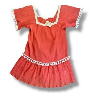 Umgee Scarlet Dress Swim Cover Up with Ivory Tassels Sz L